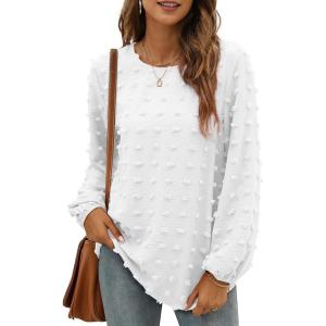 imageXIEERDUO Womens Chiffon Blouses Long Sleeve Crewneck Tops Dressy Casual Loose Pompom Shirts05white