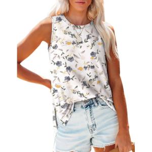 imageXIEERDUO Womens Tank Tops Crewneck Loose Fit Basic Casual Summer Side Split Sleeveless ShirtsGwhite Flower