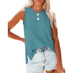 imageXIEERDUO Womens Tank Tops Crewneck Loose Fit Basic Casual Summer Side Split Sleeveless ShirtsOblue Green