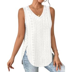 imageXIEERDUO Womens Tank Tops V Neck Eyelet Embroidery Casaul Sleeveless Shirts00white