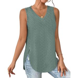 imageXIEERDUO Womens Tank Tops V Neck Eyelet Embroidery Casaul Sleeveless Shirts05green