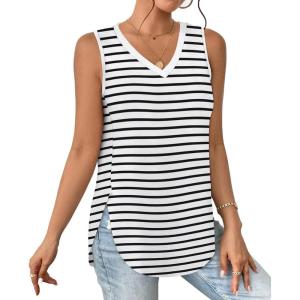 imageXIEERDUO Womens Tank Tops V Neck Eyelet Embroidery Casaul Sleeveless Shirts06black Stripe