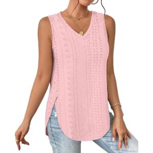 imageXIEERDUO Womens Tank Tops V Neck Eyelet Embroidery Casaul Sleeveless Shirts06light Pink