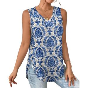 imageXIEERDUO Womens Tank Tops V Neck Eyelet Embroidery Casaul Sleeveless Shirts08blue Flower