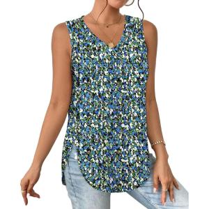 imageXIEERDUO Womens Tank Tops V Neck Eyelet Embroidery Casaul Sleeveless ShirtsFloral Blue