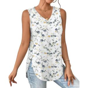 imageXIEERDUO Womens Tank Tops V Neck Eyelet Embroidery Casaul Sleeveless ShirtsFloral White