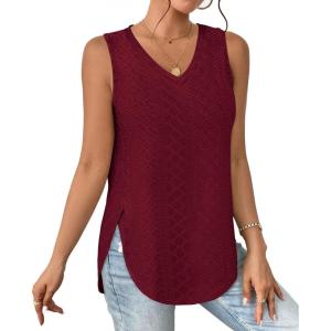 imageXIEERDUO Womens Tank Tops V Neck Eyelet Embroidery Casaul Sleeveless ShirtsRed