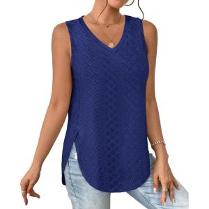 imageXIEERDUO Womens Tank Tops V Neck Eyelet Embroidery Casaul Sleeveless ShirtsRoyal Blue