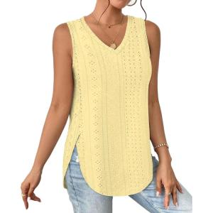 imageXIEERDUO Womens Tank Tops V Neck Eyelet Embroidery Casaul Sleeveless ShirtsYellow
