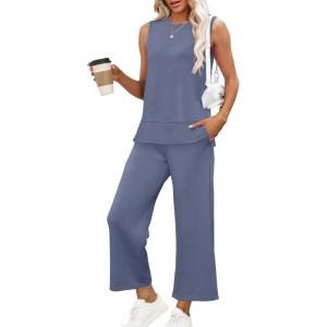 imageXIEERDUO Womens Tracksuit 2 Piece Lounge Sets Two Summer Sleeveless Cruise Outfits Wide Leg Resort Wear Casual Jumpsuit Ladies Loungewear Vacation Clothes Blue L