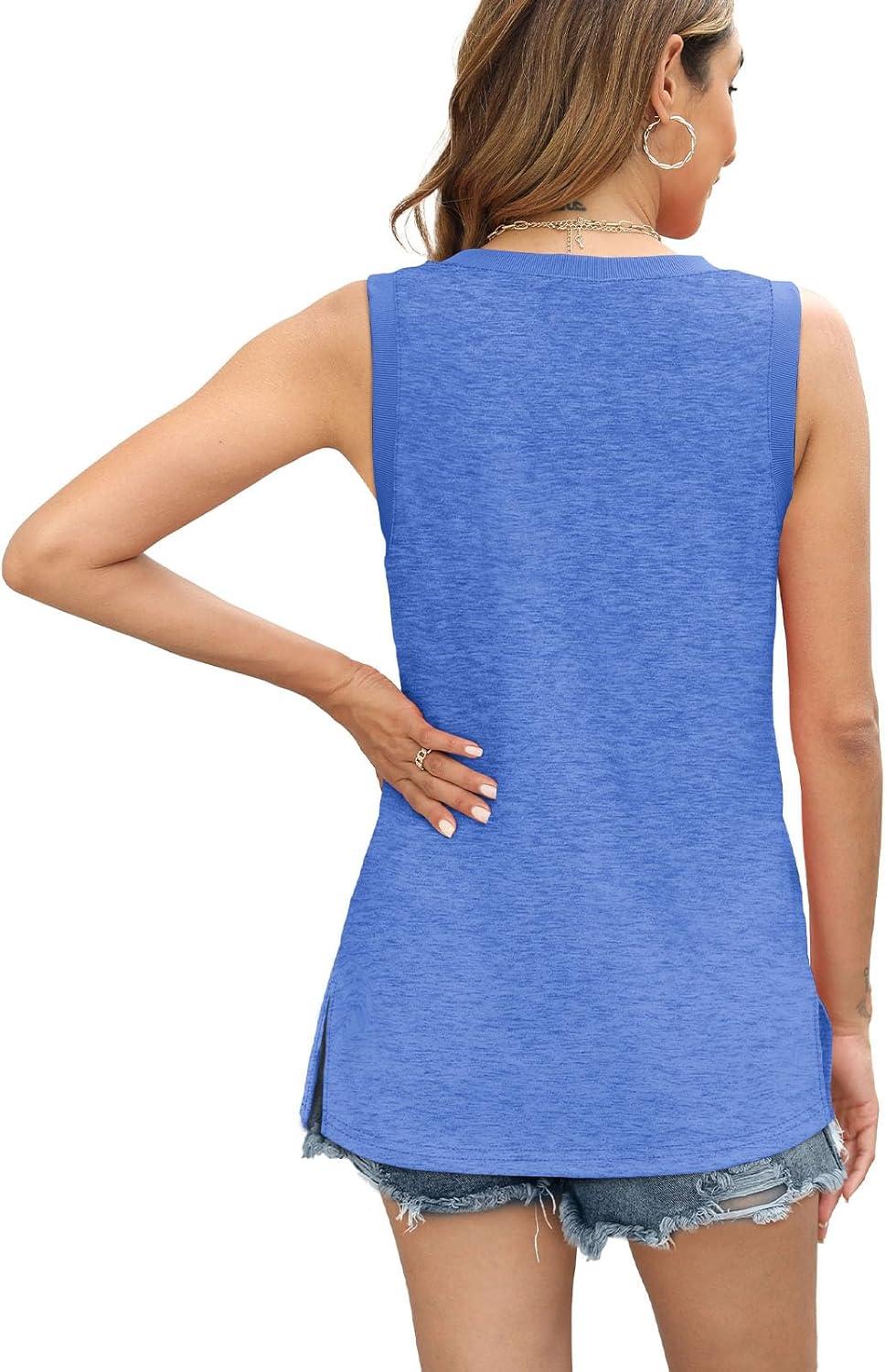 imageWomens Tank Tops Summer V Neck Loose Fit Casual Basic Side Split Sleeveless01blue
