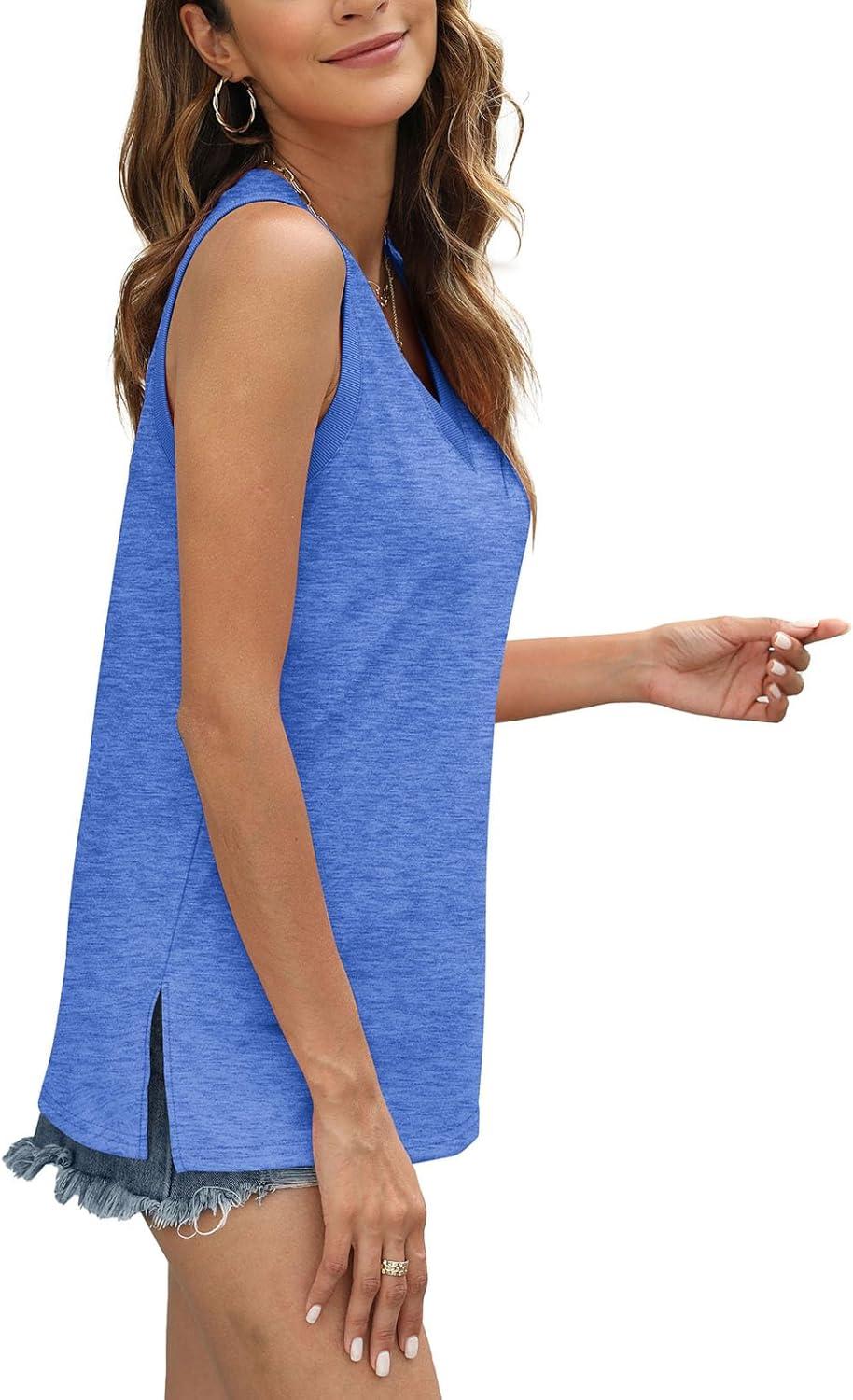 imageWomens Tank Tops Summer V Neck Loose Fit Casual Basic Side Split Sleeveless01blue