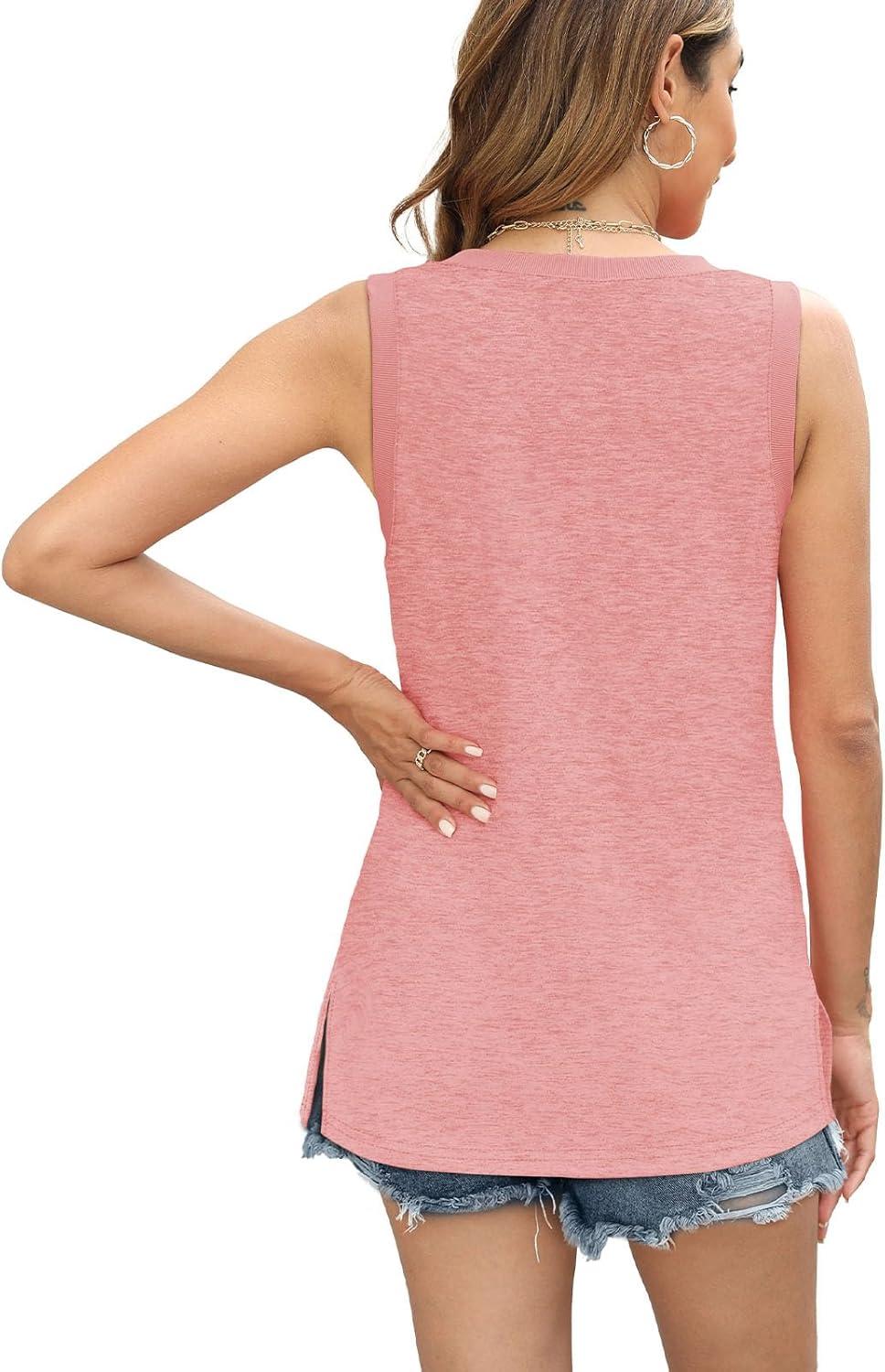 imageWomens Tank Tops Summer V Neck Loose Fit Casual Basic Side Split Sleeveless01coral