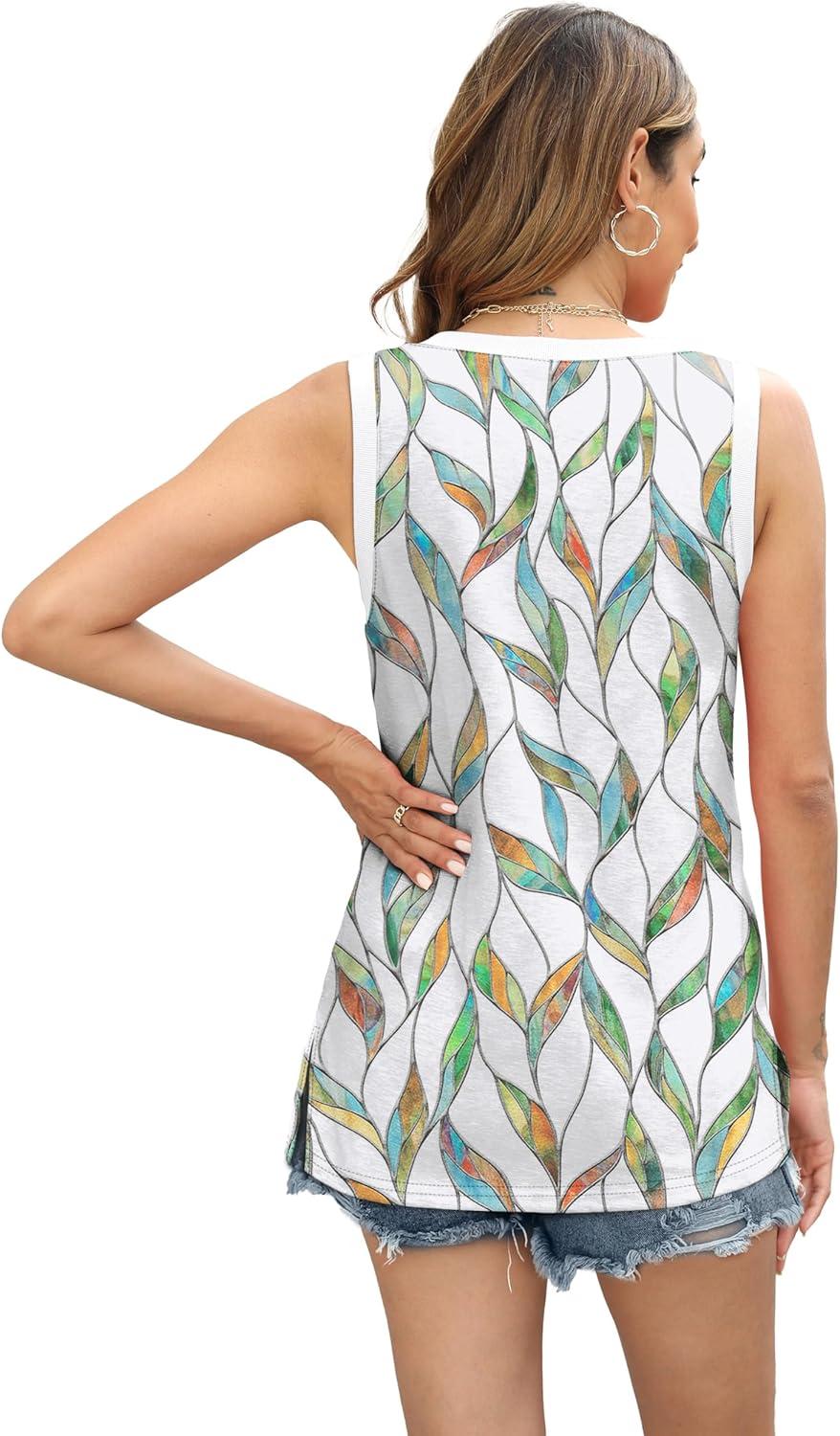 imageWomens Tank Tops Summer V Neck Loose Fit Casual Basic Side Split Sleeveless01white Print
