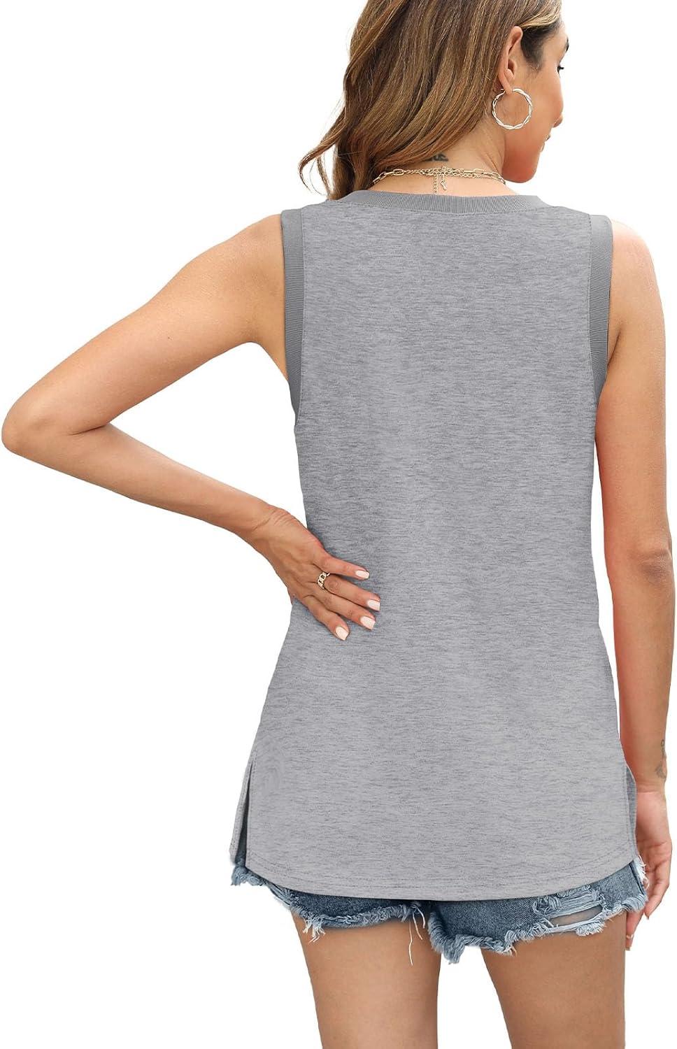 imageWomens Tank Tops Summer V Neck Loose Fit Casual Basic Side Split Sleeveless02grey