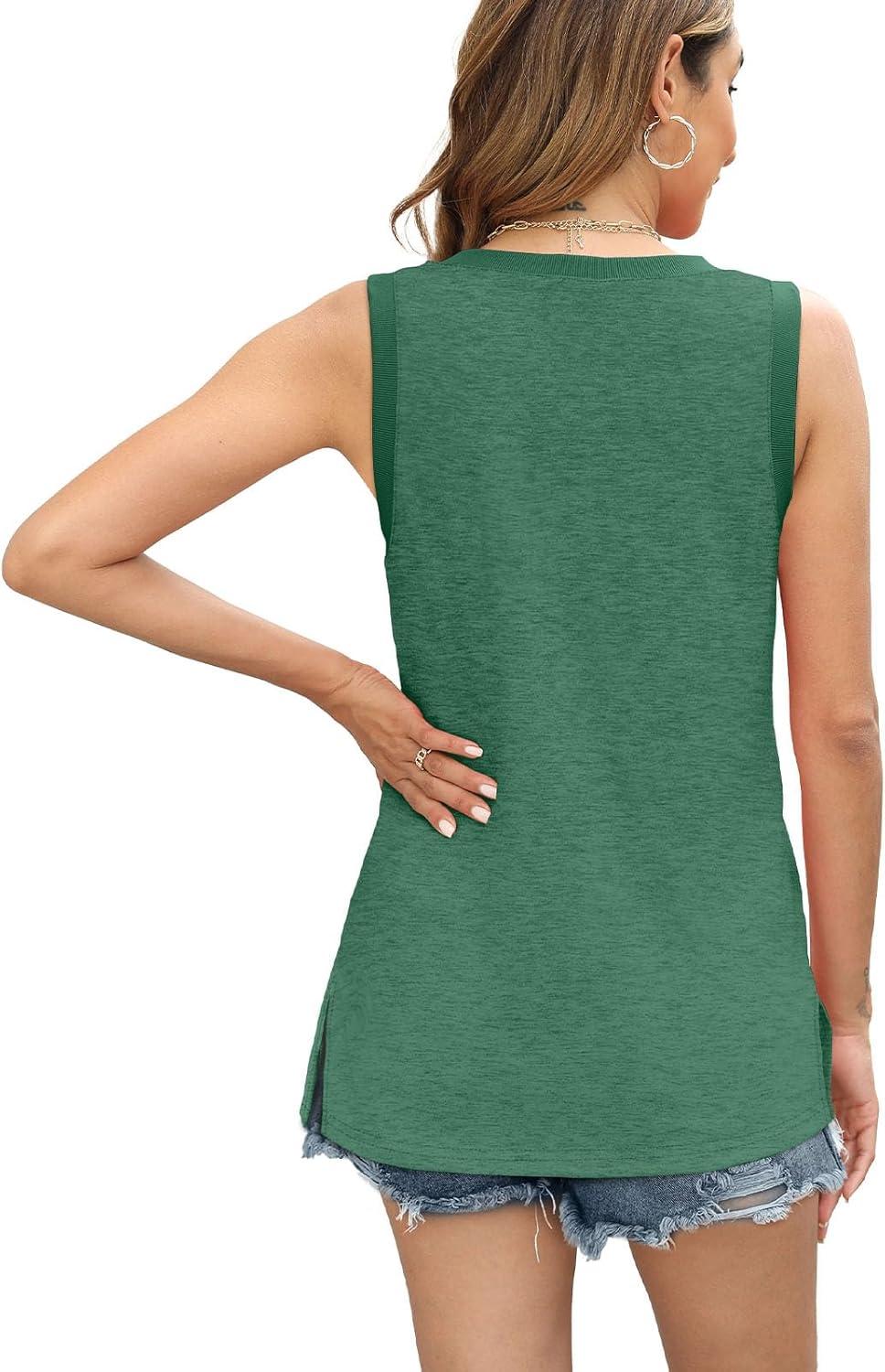 imageWomens Tank Tops Summer V Neck Loose Fit Casual Basic Side Split Sleeveless03green