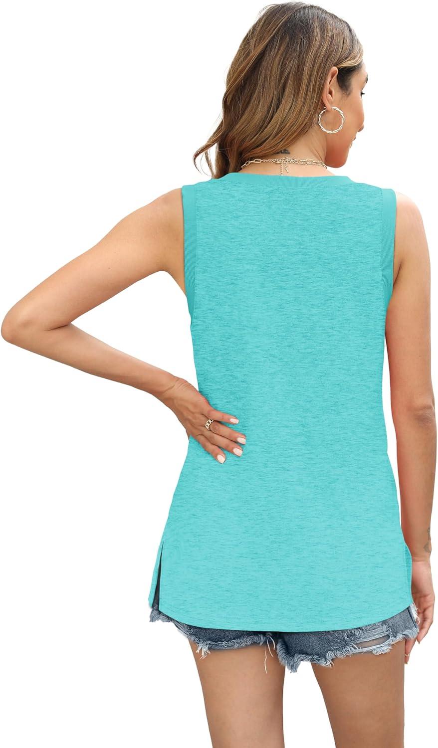 imageWomens Tank Tops Summer V Neck Loose Fit Casual Basic Side Split Sleeveless04aqua