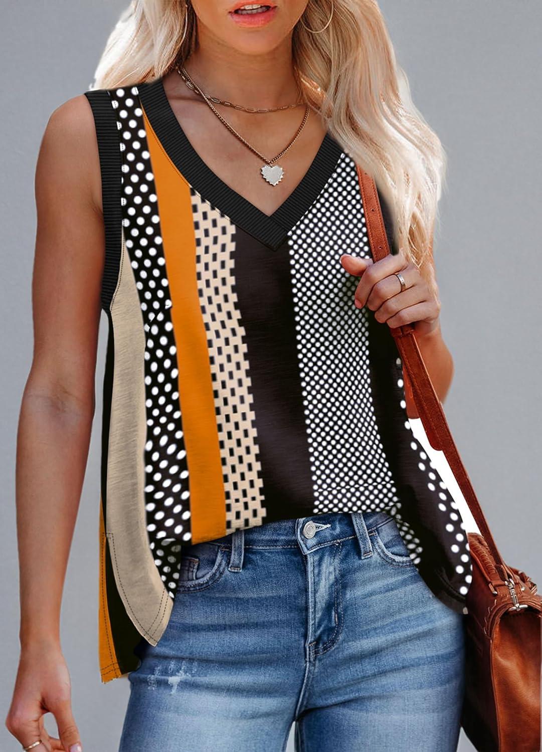 imageWomens Tank Tops Summer V Neck Loose Fit Casual Basic Side Split Sleeveless06black Stripe