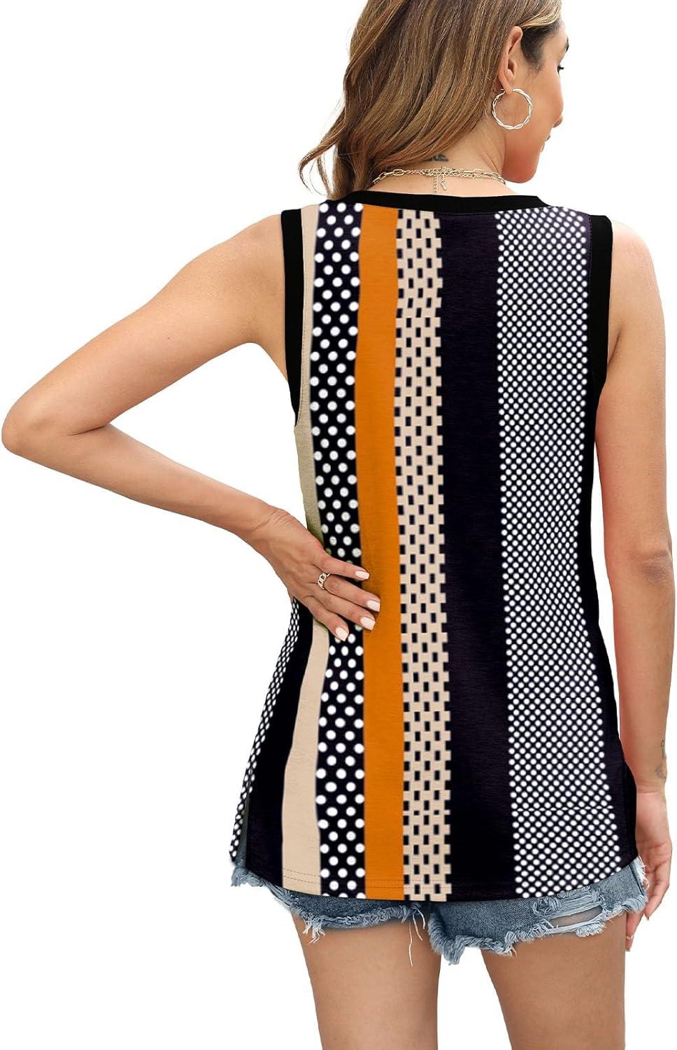 imageWomens Tank Tops Summer V Neck Loose Fit Casual Basic Side Split Sleeveless06black Stripe