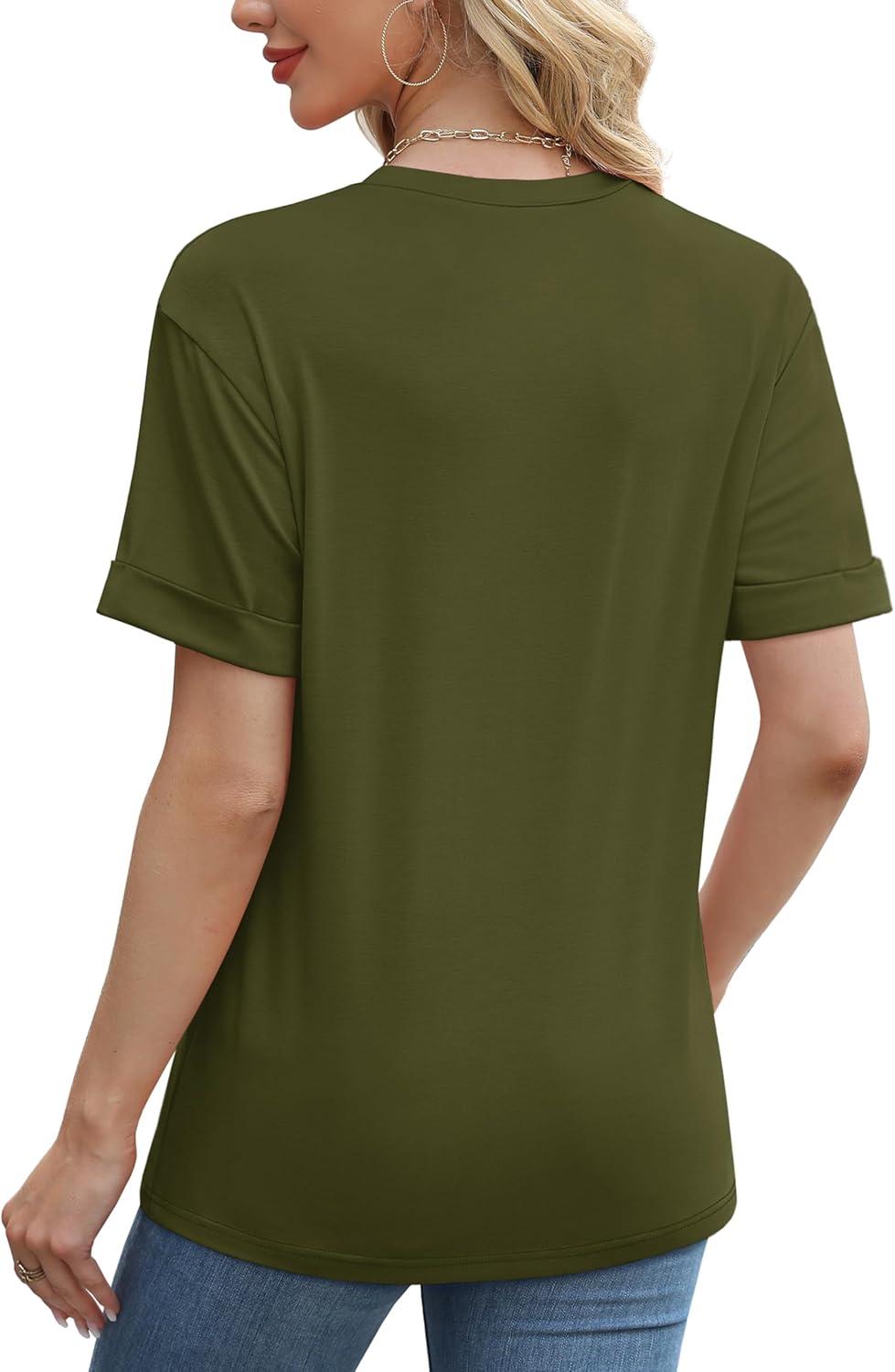 imageXIEERDUO Summer Tops for Women Casual Crewneck Short Sleeve Shirts Pocket ComfyArmy Green