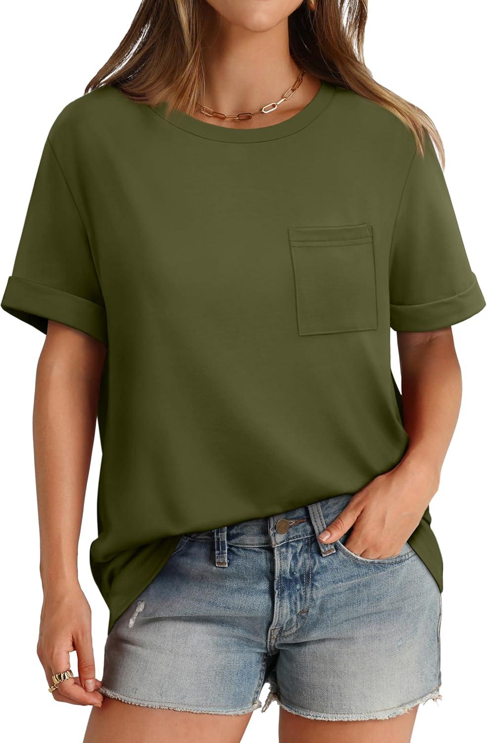 imageXIEERDUO Summer Tops for Women Casual Crewneck Short Sleeve Shirts Pocket ComfyArmy Green