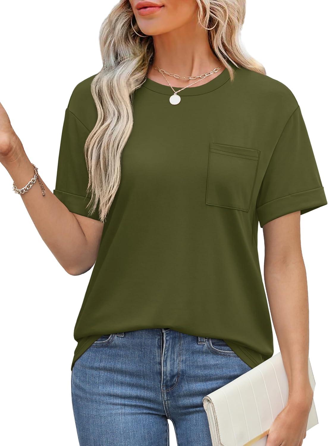 imageXIEERDUO Summer Tops for Women Casual Crewneck Short Sleeve Shirts Pocket ComfyArmy Green