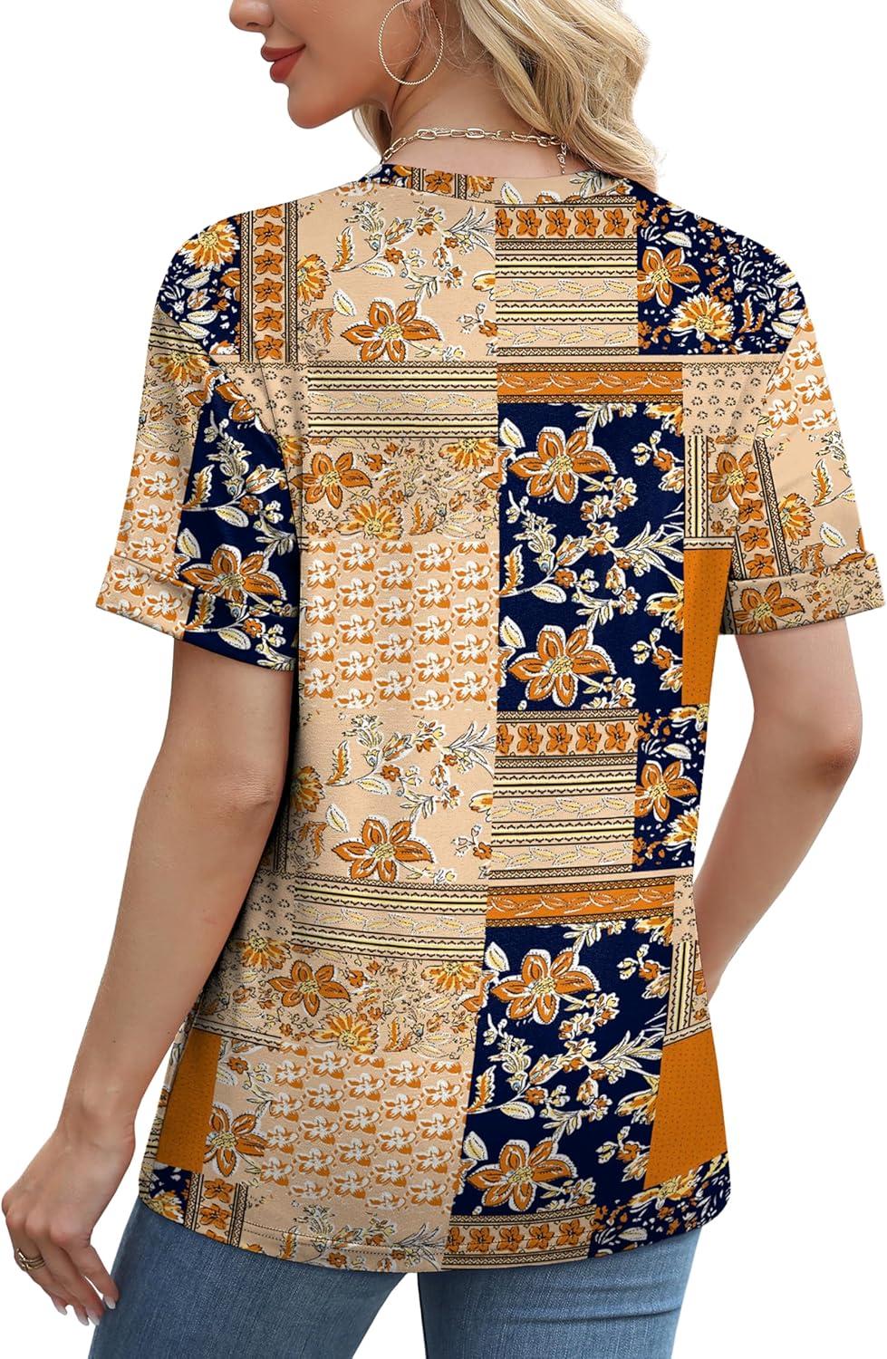 imageXIEERDUO Summer Tops for Women Casual Crewneck Short Sleeve Shirts Pocket ComfyBrown Printed
