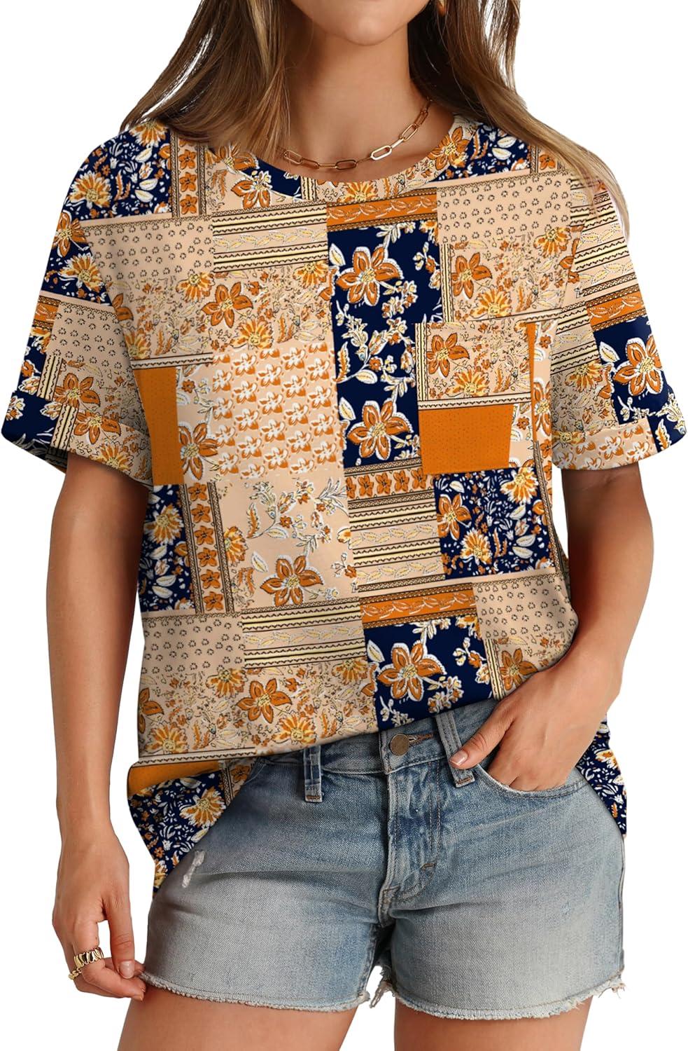 imageXIEERDUO Summer Tops for Women Casual Crewneck Short Sleeve Shirts Pocket ComfyBrown Printed