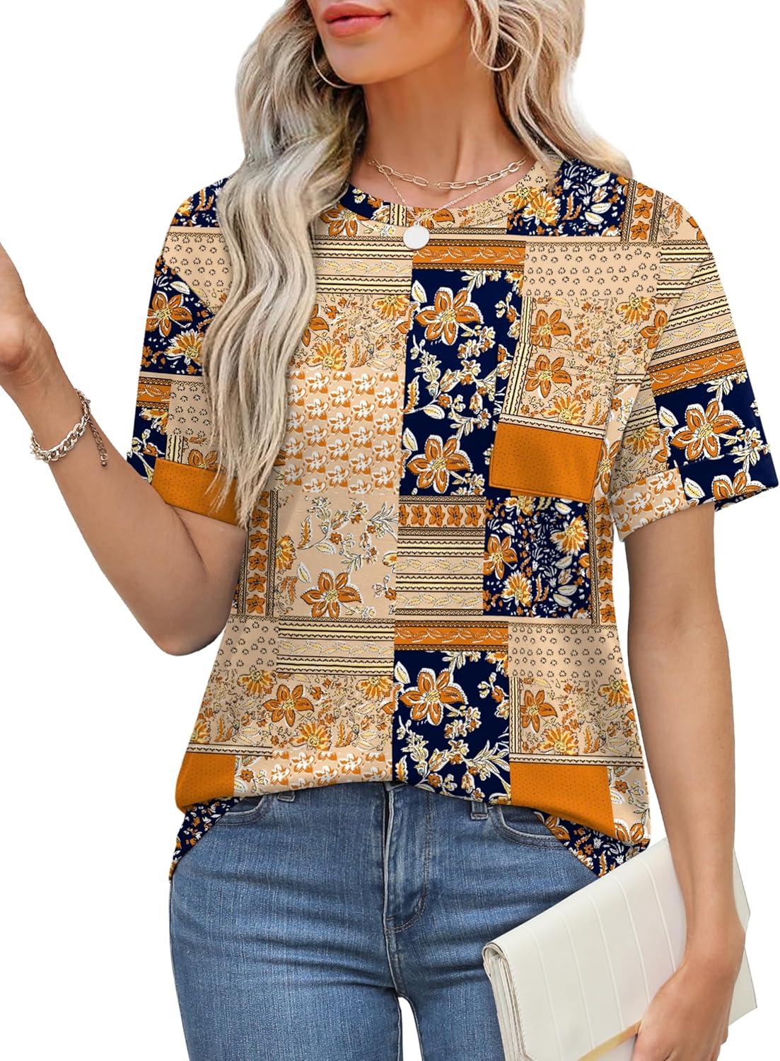 imageXIEERDUO Summer Tops for Women Casual Crewneck Short Sleeve Shirts Pocket ComfyBrown Printed