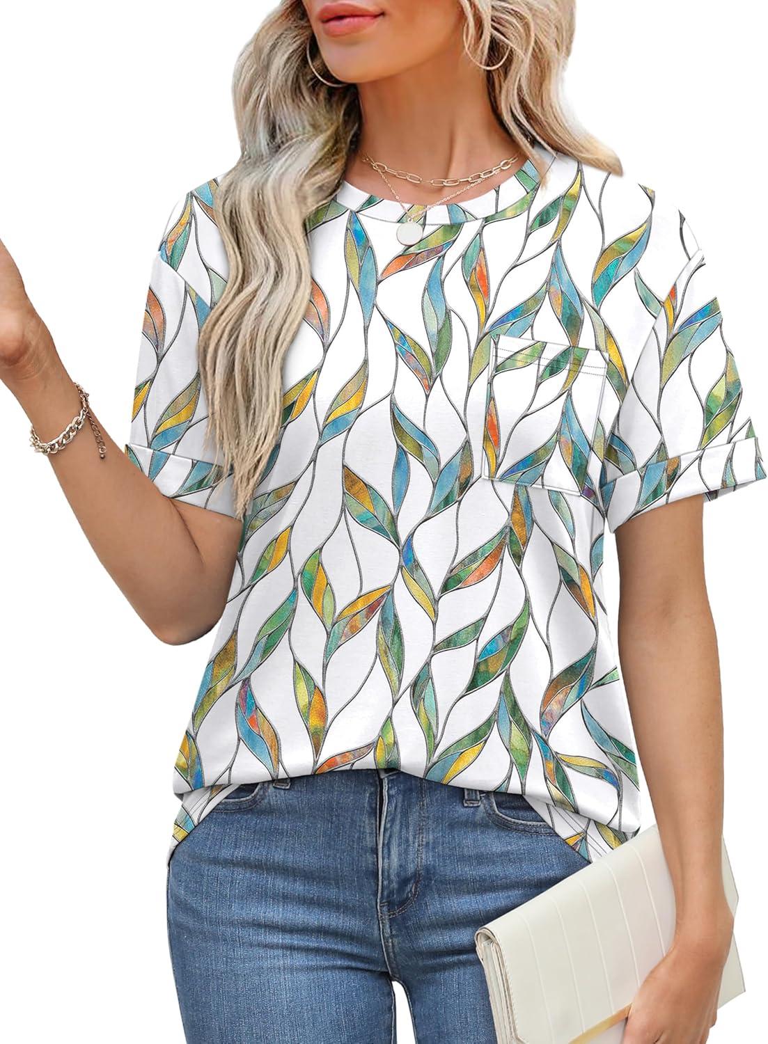 imageXIEERDUO Summer Tops for Women Casual Crewneck Short Sleeve Shirts Pocket ComfyColorful Leaves