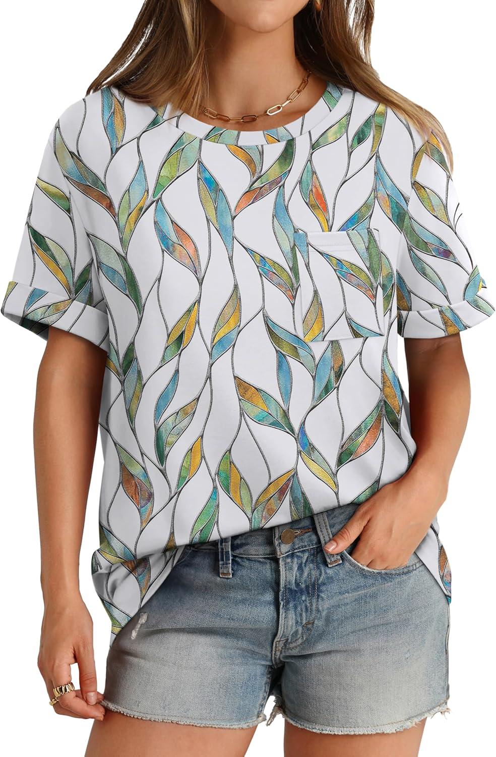imageXIEERDUO Summer Tops for Women Casual Crewneck Short Sleeve Shirts Pocket ComfyColorful Leaves