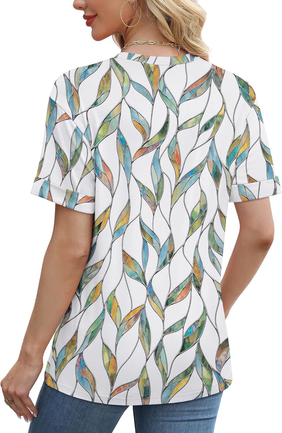 imageXIEERDUO Summer Tops for Women Casual Crewneck Short Sleeve Shirts Pocket ComfyColorful Leaves