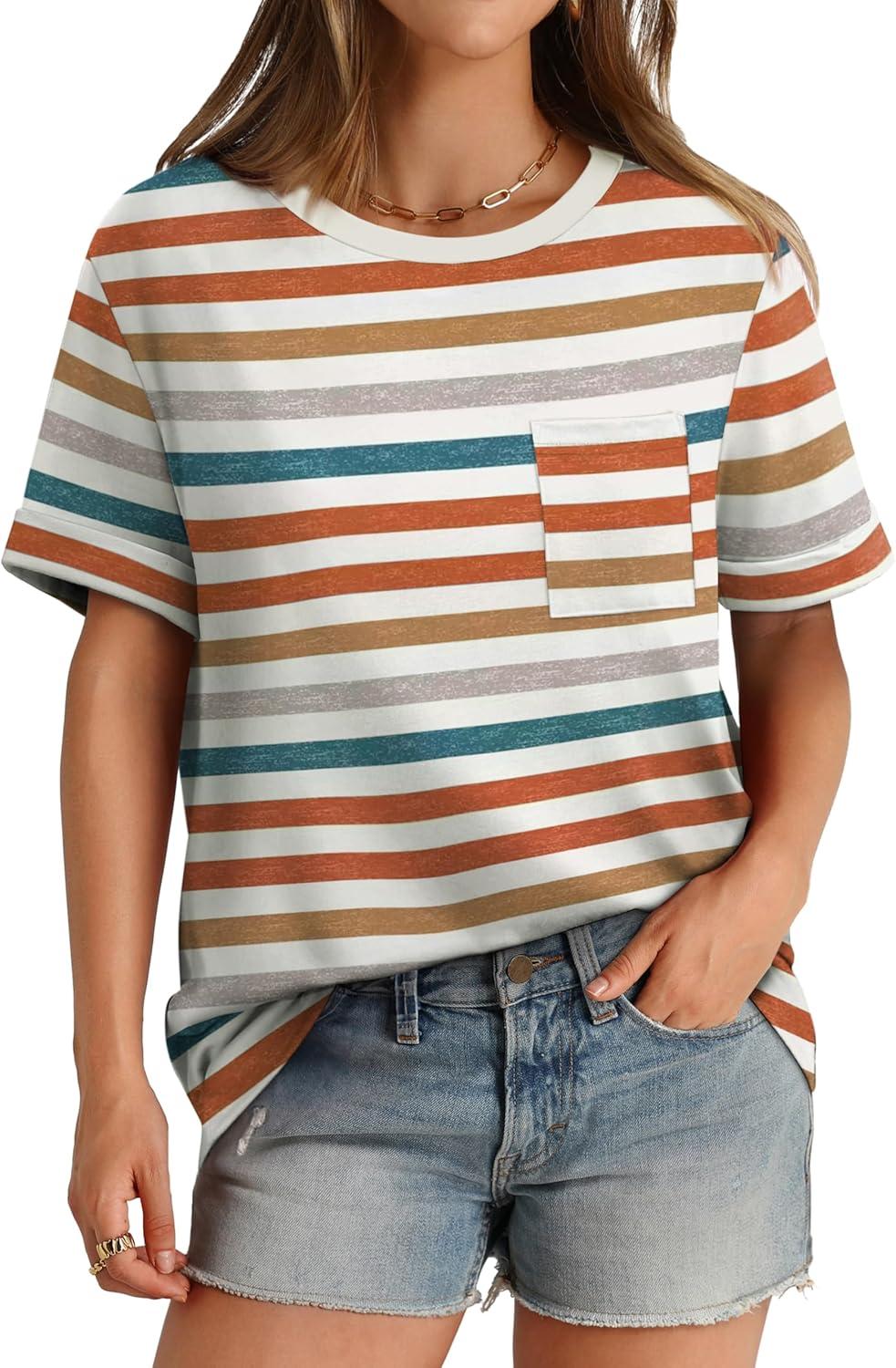 imageXIEERDUO Summer Tops for Women Casual Crewneck Short Sleeve Shirts Pocket ComfyColorful Stripe