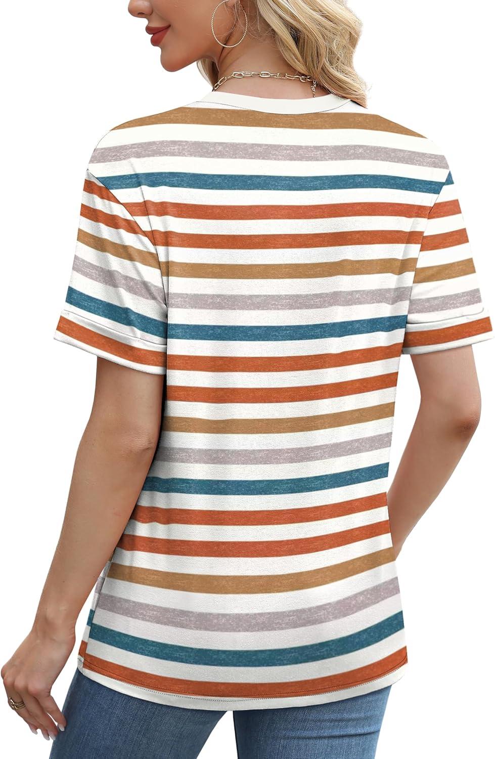 imageXIEERDUO Summer Tops for Women Casual Crewneck Short Sleeve Shirts Pocket ComfyColorful Stripe