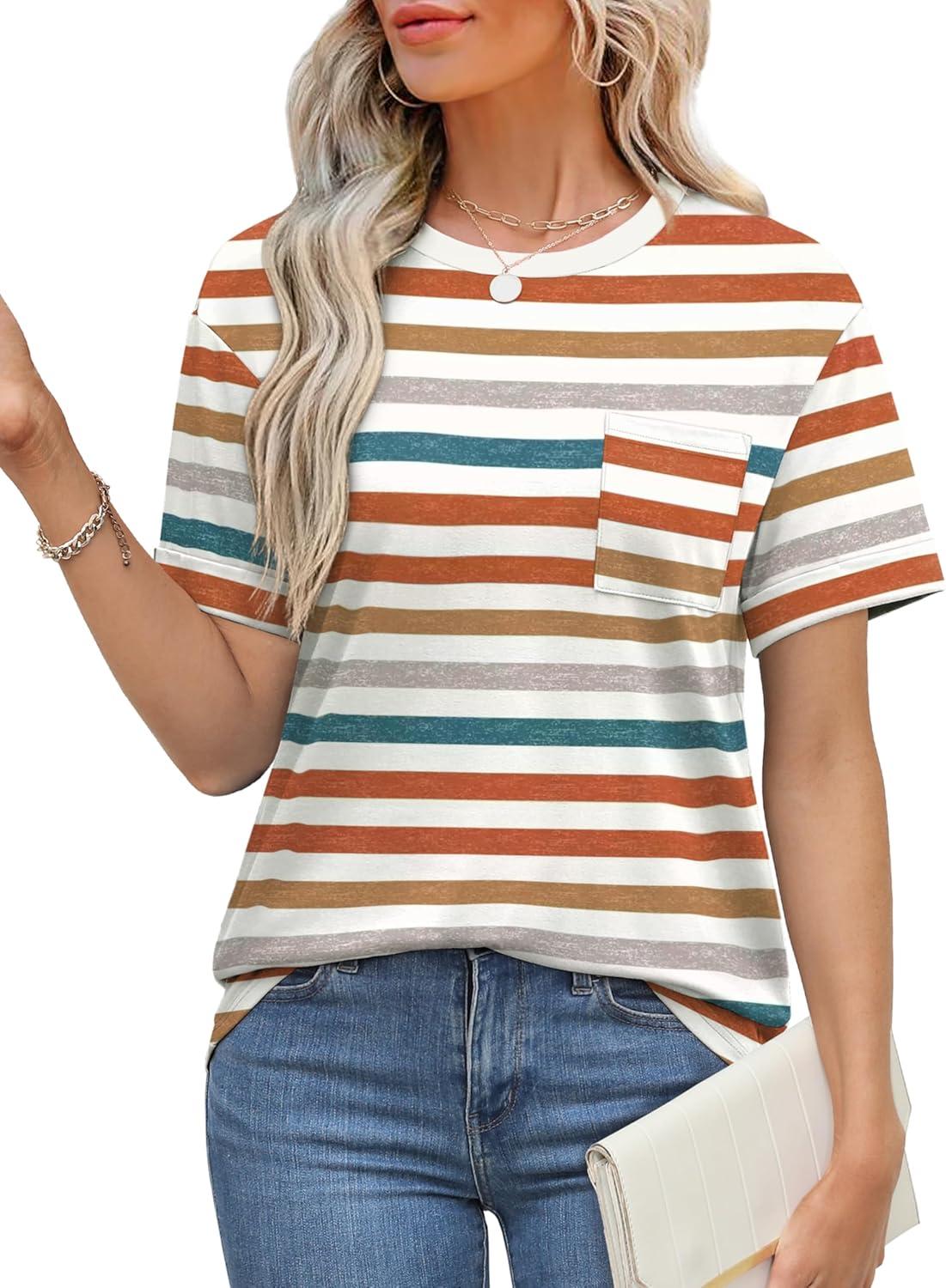 imageXIEERDUO Summer Tops for Women Casual Crewneck Short Sleeve Shirts Pocket ComfyColorful Stripe