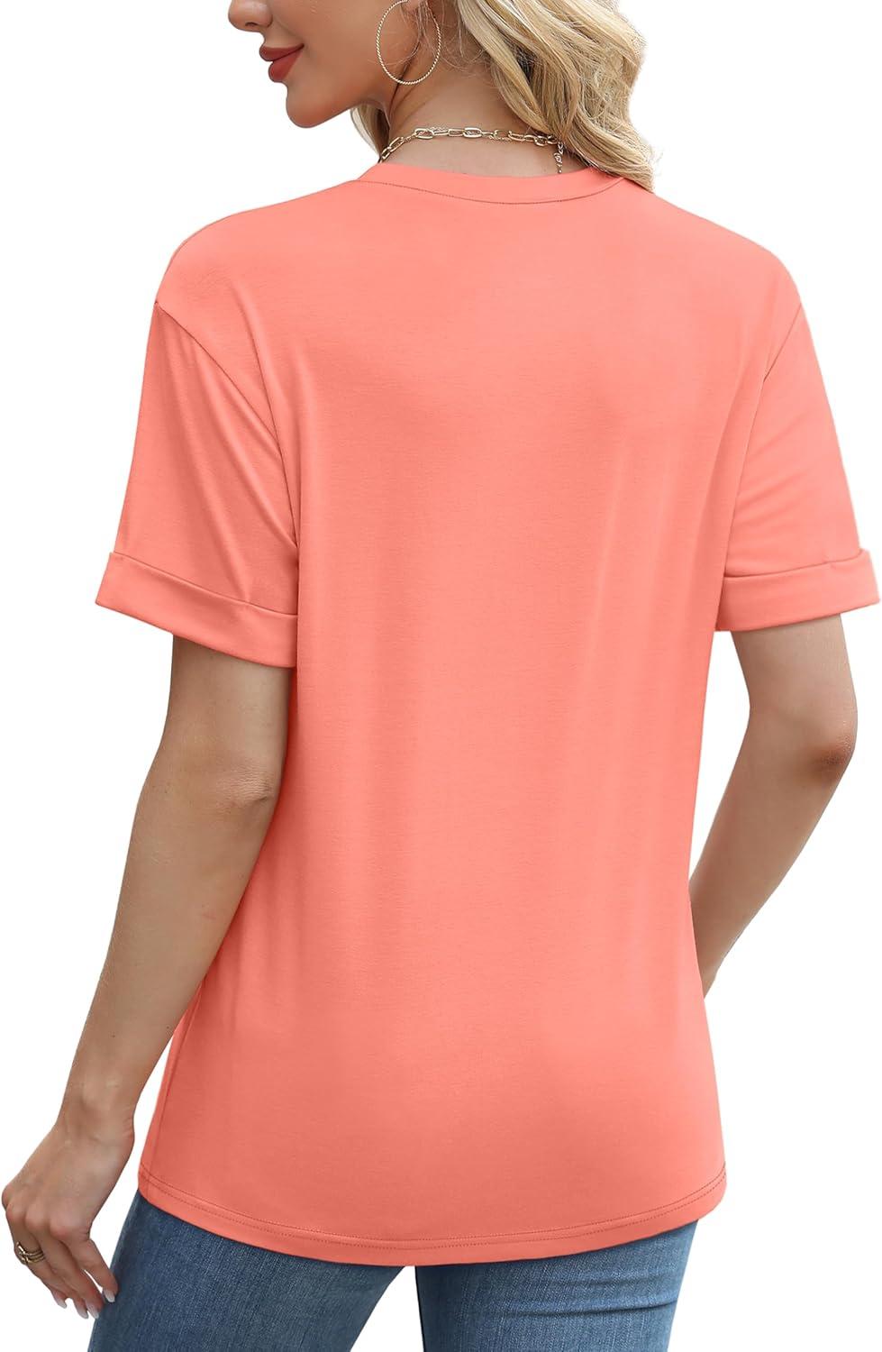 imageXIEERDUO Summer Tops for Women Casual Crewneck Short Sleeve Shirts Pocket ComfyCoral