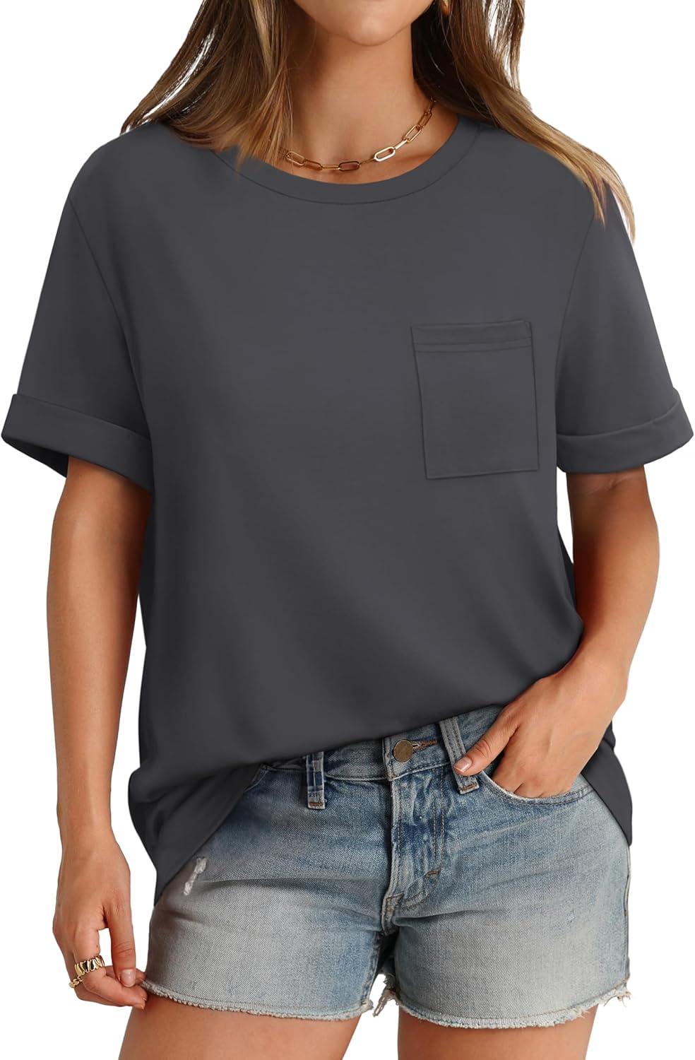 imageXIEERDUO Summer Tops for Women Casual Crewneck Short Sleeve Shirts Pocket ComfyGray