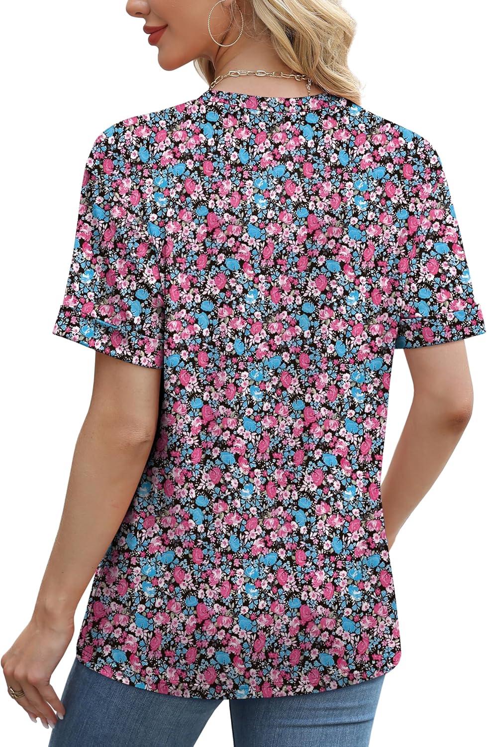 imageXIEERDUO Summer Tops for Women Casual Crewneck Short Sleeve Shirts Pocket ComfyPurple Flower