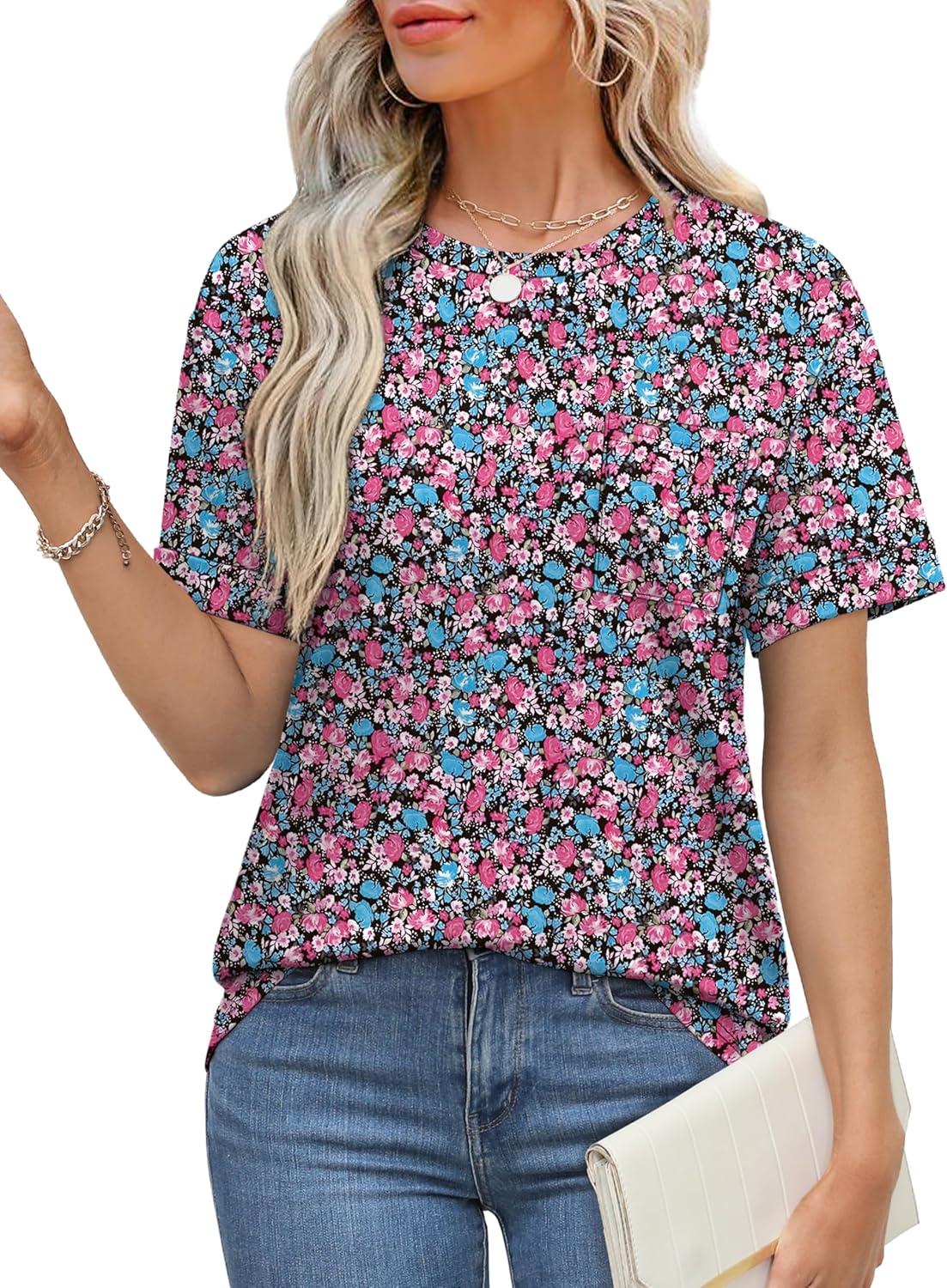 imageXIEERDUO Summer Tops for Women Casual Crewneck Short Sleeve Shirts Pocket ComfyPurple Flower