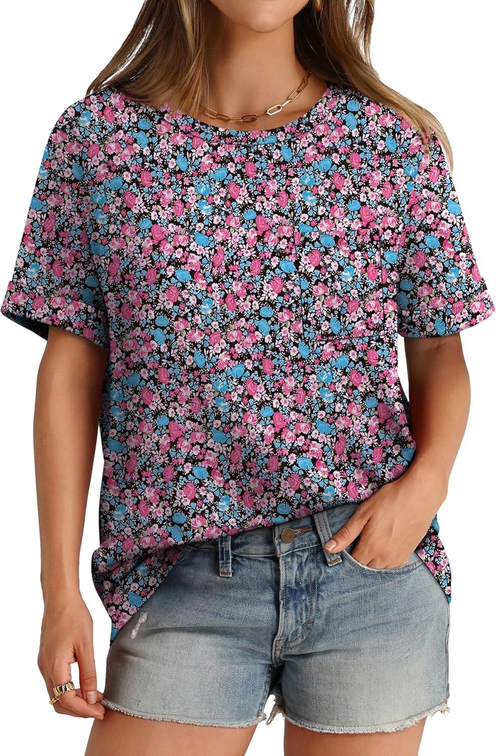 imageXIEERDUO Summer Tops for Women Casual Crewneck Short Sleeve Shirts Pocket ComfyPurple Flower