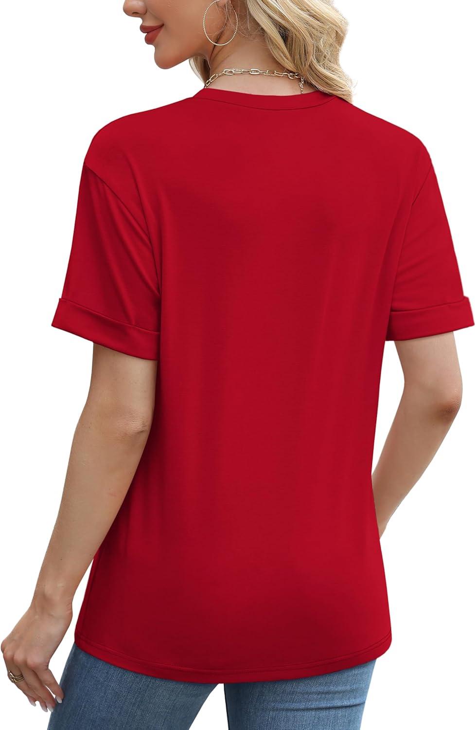 imageXIEERDUO Summer Tops for Women Casual Crewneck Short Sleeve Shirts Pocket ComfyRed