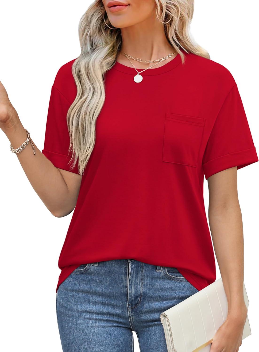 imageXIEERDUO Summer Tops for Women Casual Crewneck Short Sleeve Shirts Pocket ComfyRed