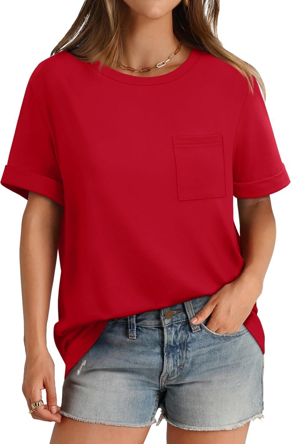 imageXIEERDUO Summer Tops for Women Casual Crewneck Short Sleeve Shirts Pocket ComfyRed
