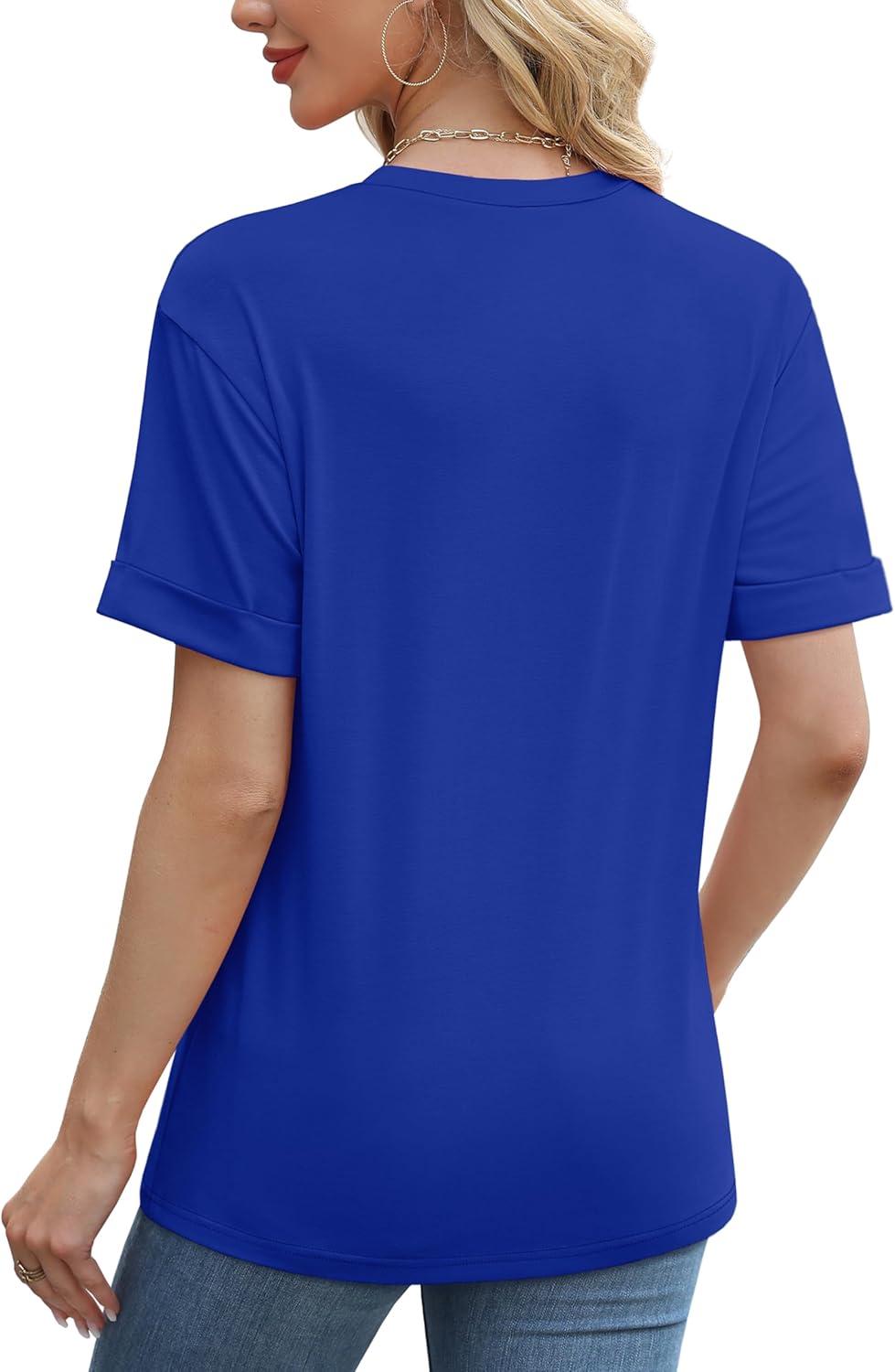 imageXIEERDUO Summer Tops for Women Casual Crewneck Short Sleeve Shirts Pocket ComfyRoyal Blue
