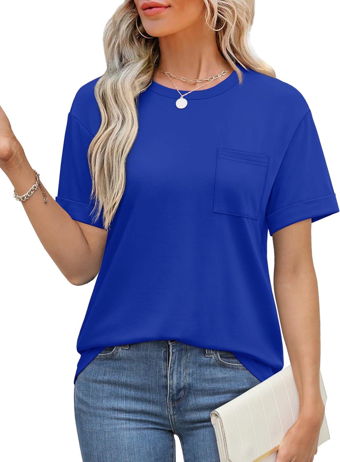 imageXIEERDUO Summer Tops for Women Casual Crewneck Short Sleeve Shirts Pocket ComfyRoyal Blue