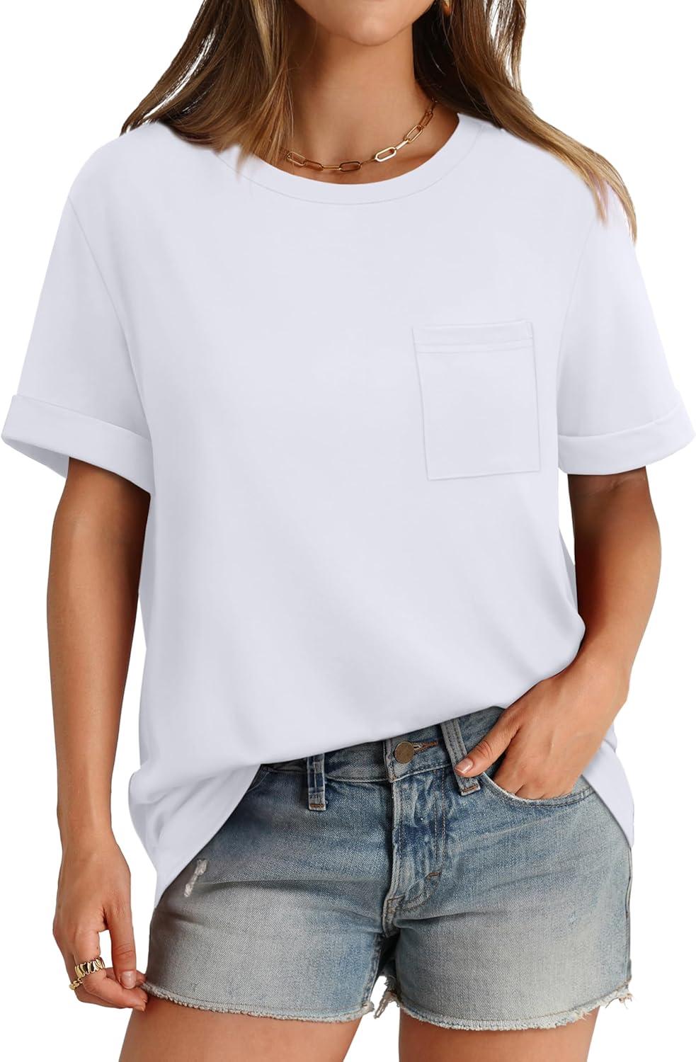 imageXIEERDUO Summer Tops for Women Casual Crewneck Short Sleeve Shirts Pocket ComfyWhite