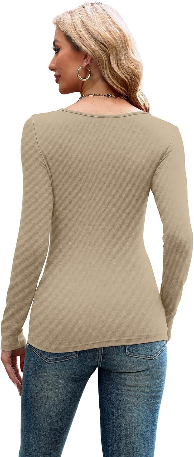 imageXIEERDUO Womens Long Sleeve Tops Slim Fit Fall Shirts Cutout Tops Y2K Ribbed TshirtApricot