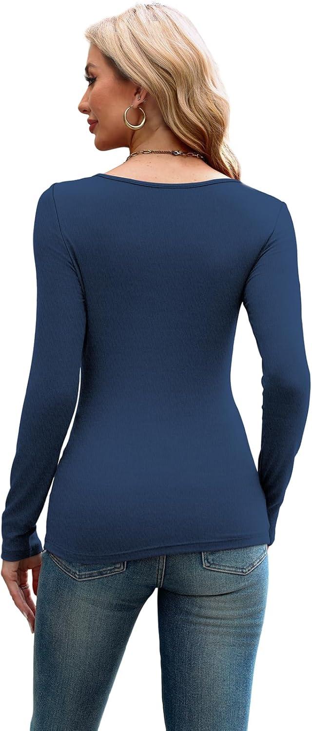 imageXIEERDUO Womens Long Sleeve Tops Slim Fit Fall Shirts Cutout Tops Y2K Ribbed TshirtDark Blue