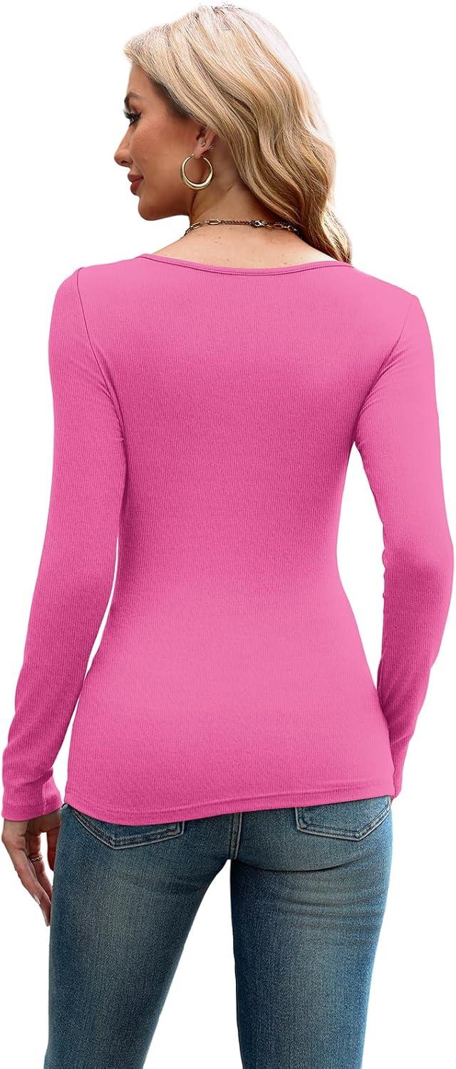 imageXIEERDUO Womens Long Sleeve Tops Slim Fit Fall Shirts Cutout Tops Y2K Ribbed TshirtHot Pink