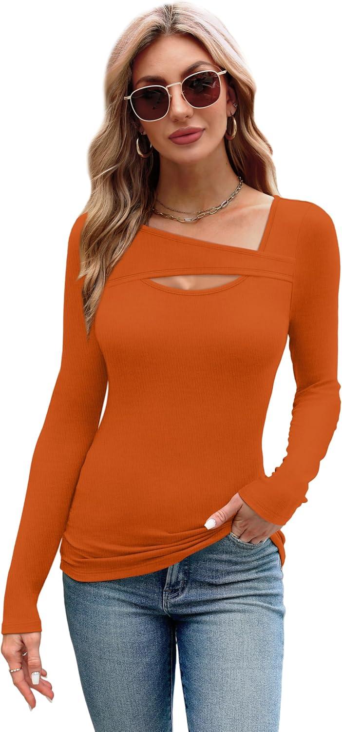 imageXIEERDUO Womens Long Sleeve Tops Slim Fit Fall Shirts Cutout Tops Y2K Ribbed TshirtOrange